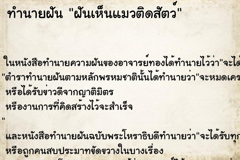 ทำนายฝันฝันเห็นแมวติดสัตว์ ทำนายฝันทำนายฝันฝันเห็นแมวติดสัตว์