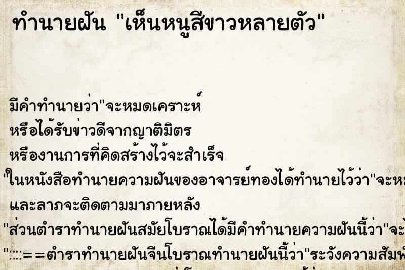 ทำนายฝัน เห็นหนูสีขาวหลายตัว ทำนายฝัน เห็นหนูสีขาวหลายตัว