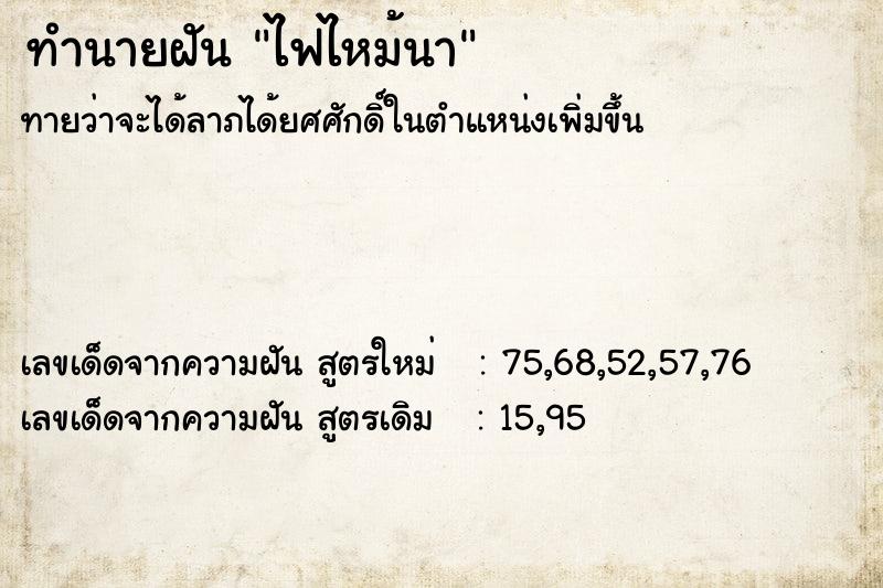 ทำนายฝัน ไฟไหม้นา ทำนายฝัน ไฟไหม้นา