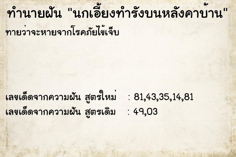ทำนายฝันนกเอี้ยงทำรังบนหลังคาบ้าน ทำนายฝันทำนายฝันนกเอี้ยงทำรังบนหลังคาบ้าน