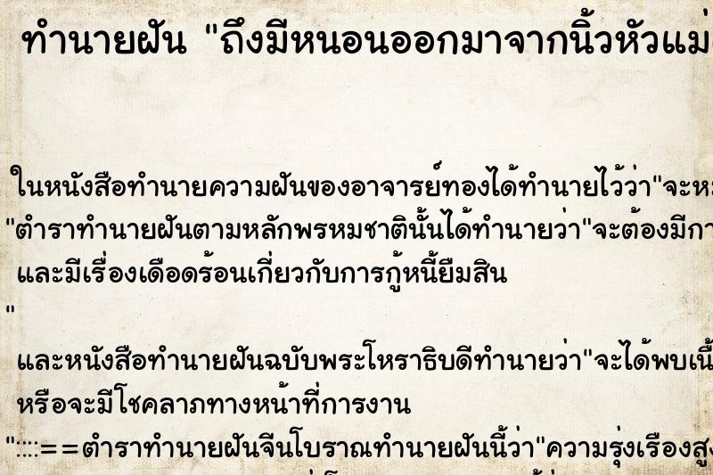 ทำนายฝันถึงมีหนอนออกมาจากนิ้วหัวแม่เท้า ทำนายฝันทำนายฝันถึงมีหนอนออกมาจากนิ้วหัวแม่เท้า