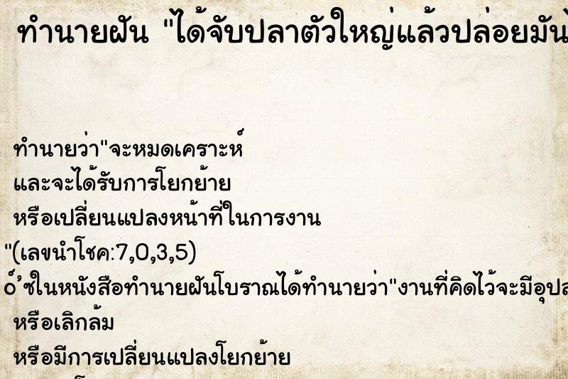 ทำนายฝัน ได้จับปลาตัวใหญ่แล้วปล่อยมันไป ทำนายฝัน ได้จับปลาตัวใหญ่แล้วปล่อยมันไป