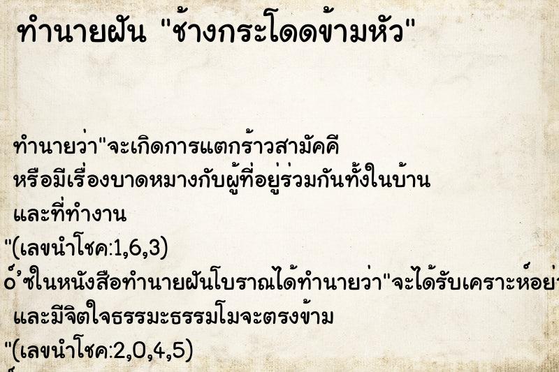ทำนายฝัน ช้างกระโดดข้ามหัว ทำนายฝัน ช้างกระโดดข้ามหัว