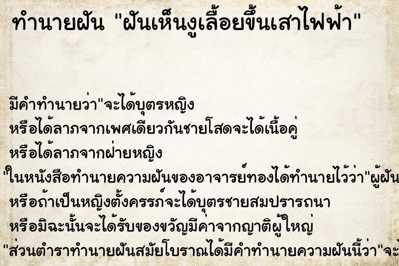 ทำนายฝัน ฝันเห็นงูเลื้อยขึ้นเสาไฟฟ้า ทำนายฝัน ฝันเห็นงูเลื้อยขึ้นเสาไฟฟ้า