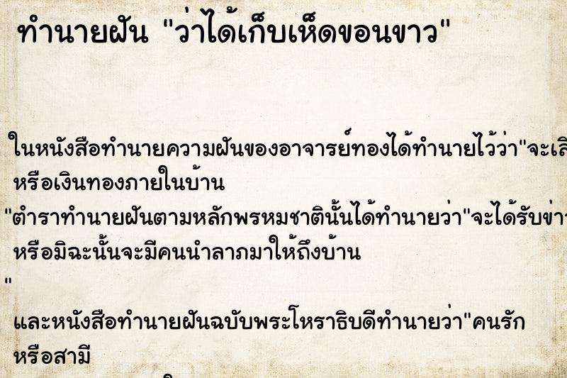 ทำนายฝันว่าได้เก็บเห็ดขอนขาว ทำนายฝันทำนายฝันว่าได้เก็บเห็ดขอนขาว