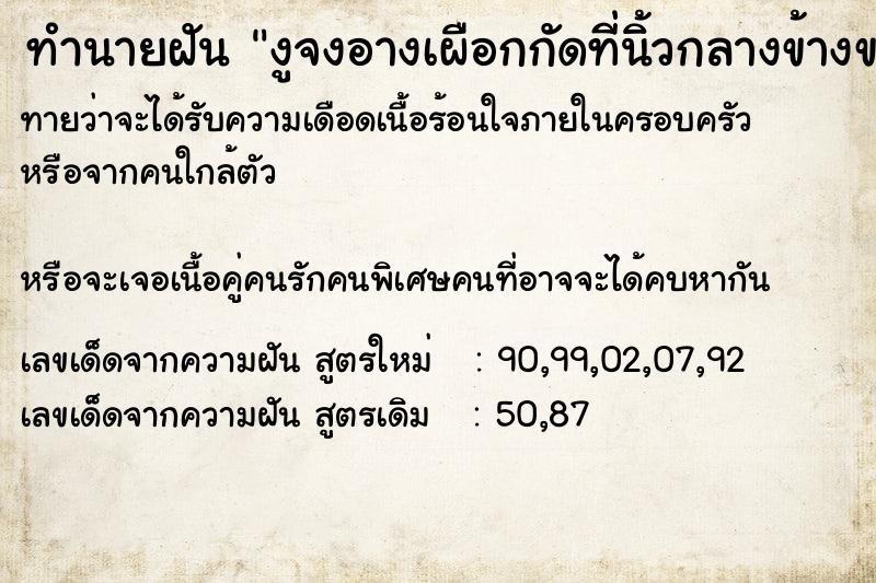 ทำนายฝันงูจงอางเผือกกัดที่นิ้วกลางข้างขวา ทำนายฝันทำนายฝันงูจงอางเผือกกัดที่นิ้วกลางข้างขวา