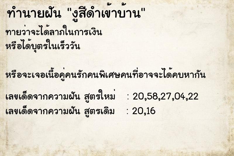 ทำนายฝันงูสีดำเข้าบ้าน ทำนายฝันทำนายฝันงูสีดำเข้าบ้าน