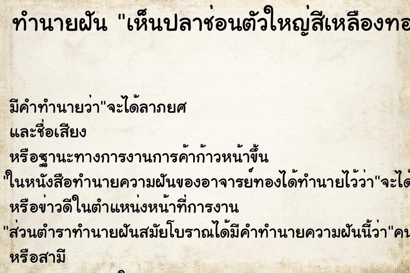 ทำนายฝัน เห็นปลาช่อนตัวใหญ่สีเหลืองทอง ทำนายฝัน เห็นปลาช่อนตัวใหญ่สีเหลืองทอง