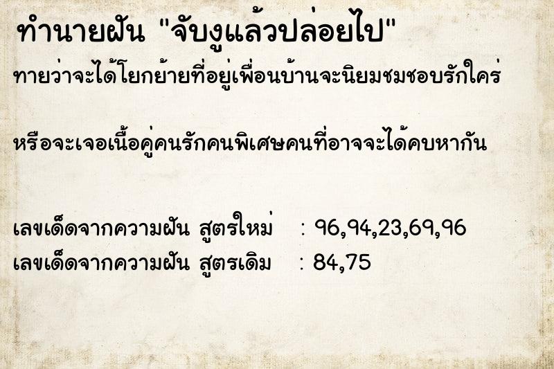 ทำนายฝันจับงูแล้วปล่อยไป ทำนายฝันทำนายฝันจับงูแล้วปล่อยไป