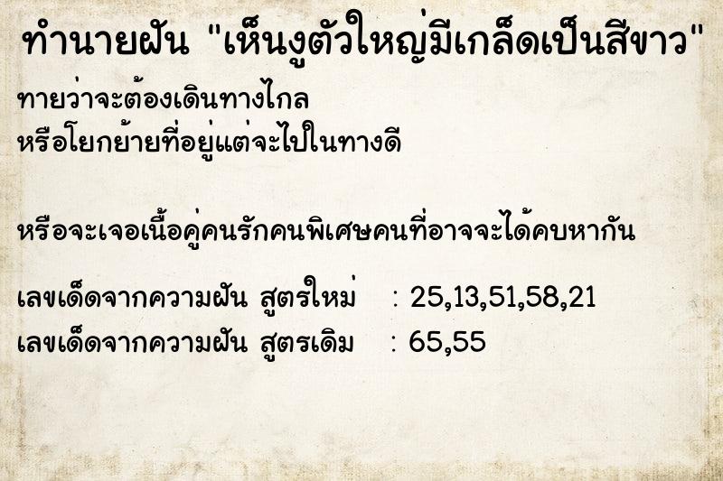 ทำนายฝันทำนายฝันเห็นงูตัวใหญ่มีเกล็ดเป็นสีขาว