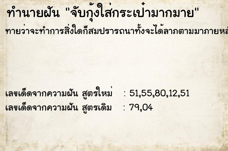 ทำนายฝัน จับกุ้งใส่กระเป๋ามากมาย ทำนายฝัน จับกุ้งใส่กระเป๋ามากมาย