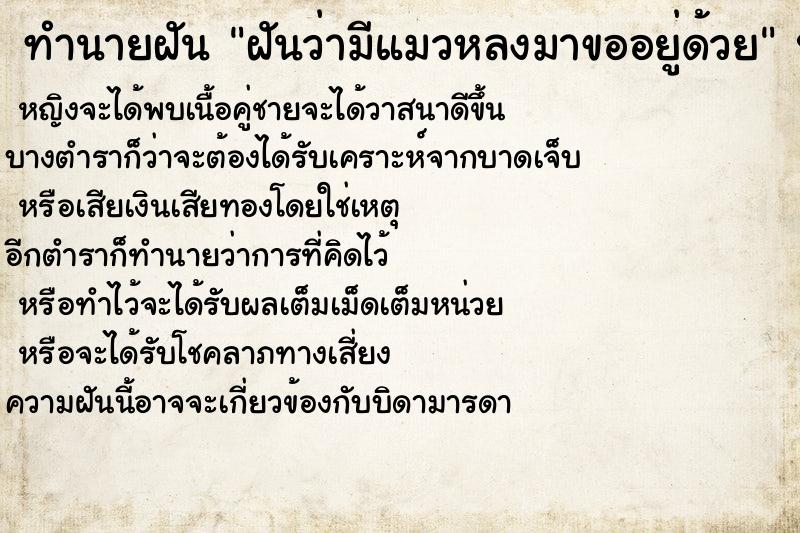 ทำนายฝันทำนายฝันฝันว่ามีแมวหลงมาขออยู่ด้วย