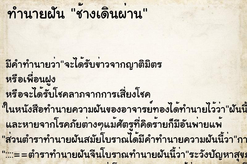 ทำนายฝันช้างเดินผ่าน ทำนายฝันทำนายฝันช้างเดินผ่าน