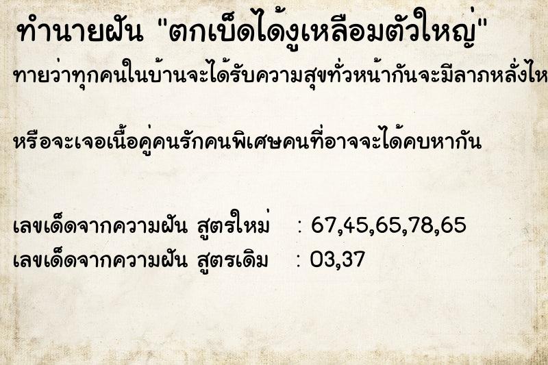 ทำนายฝันตกเบ็ดได้งูเหลือมตัวใหญ่ ทำนายฝันทำนายฝันตกเบ็ดได้งูเหลือมตัวใหญ่