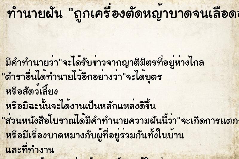 ทำนายฝัน ถูกเครื่องตัดหญ้าบาดจนเลือดออก ทำนายฝัน ถูกเครื่องตัดหญ้าบาดจนเลือดออก