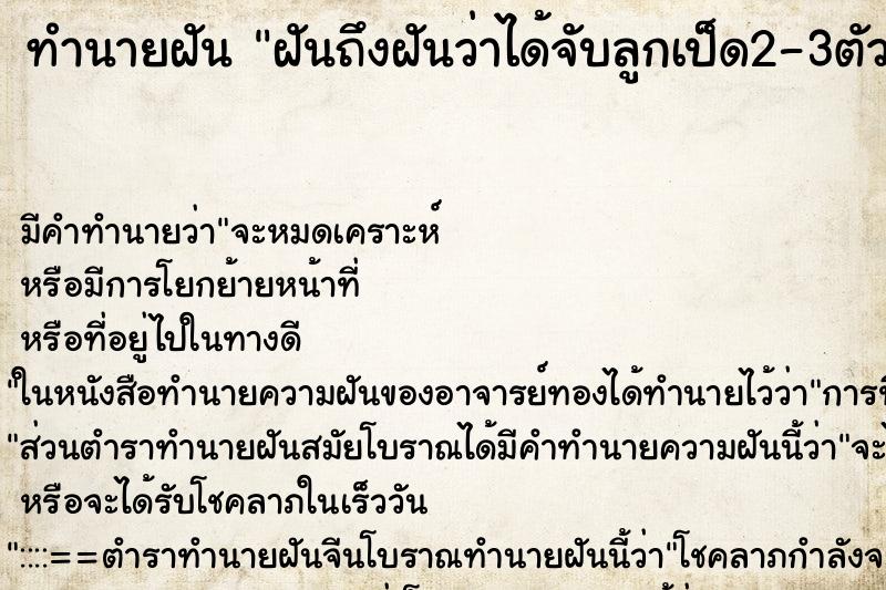 ทำนายฝันฝันถึงฝันว่าได้จับลูกเป็ด2-3ตัว ทำนายฝันทำนายฝันฝันถึงฝันว่าได้จับลูกเป็ด2-3ตัว