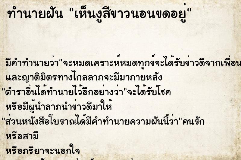 ทำนายฝันเห็นงูสีขาวนอนขดอยู่ ทำนายฝันทำนายฝันเห็นงูสีขาวนอนขดอยู่