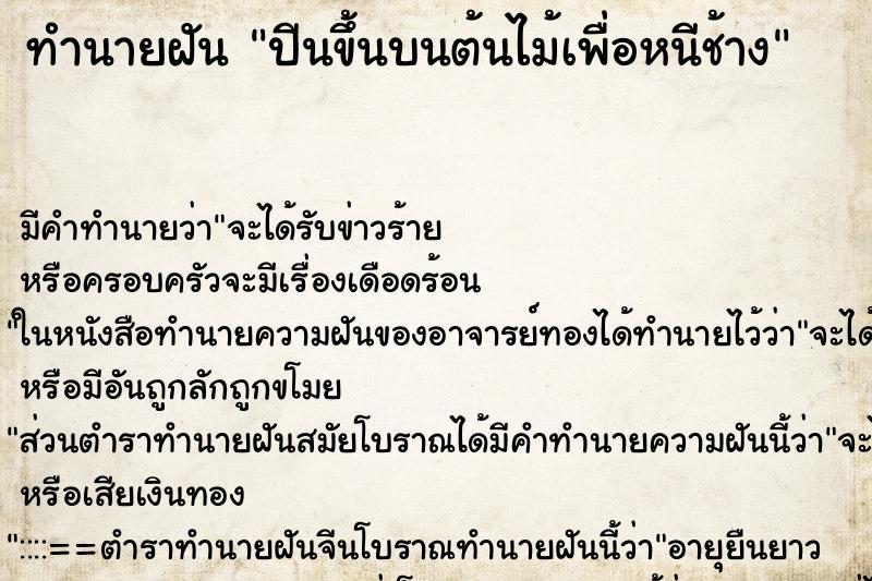 ทำนายฝันปีนขึ้นบนต้นไม้เพื่อหนีช้าง ทำนายฝันทำนายฝันปีนขึ้นบนต้นไม้เพื่อหนีช้าง