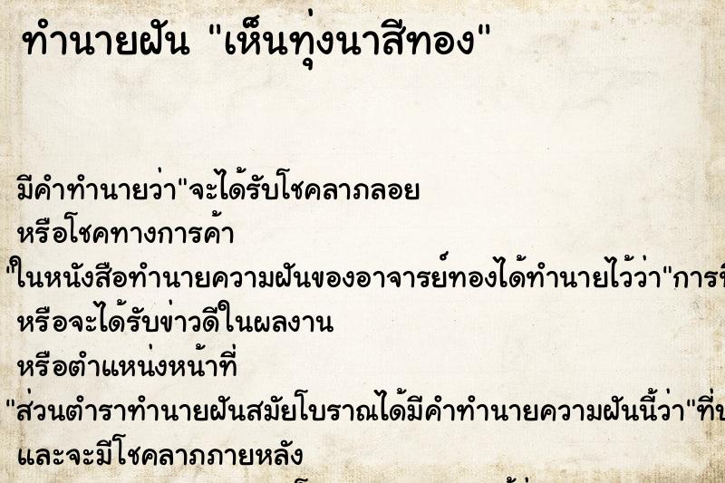 ทำนายฝัน เห็นทุ่งนาสีทอง ทำนายฝัน เห็นทุ่งนาสีทอง
