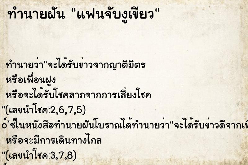 ทำนายฝัน แฟนจับงูเขียว ตำราโบราณ แม่นที่สุดในโลก