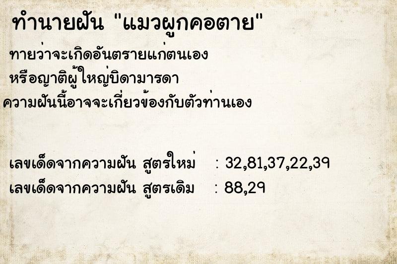 ทำนายฝันแมวผูกคอตาย ทำนายฝันทำนายฝันแมวผูกคอตาย