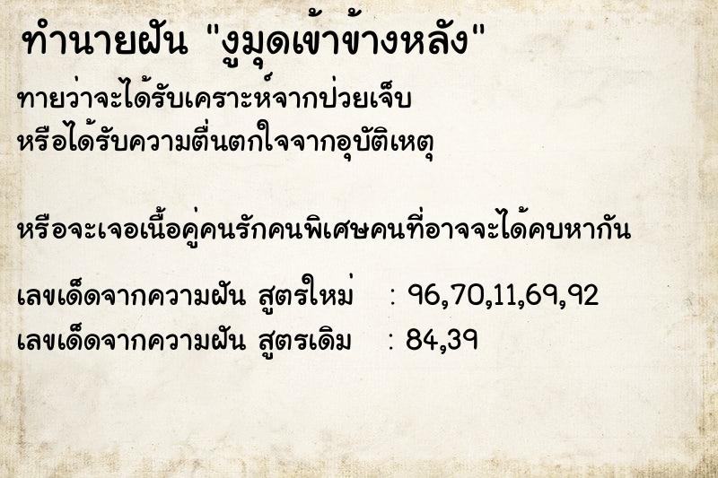 ทำนายฝันงูมุดเข้าข้างหลัง ทำนายฝันทำนายฝันงูมุดเข้าข้างหลัง