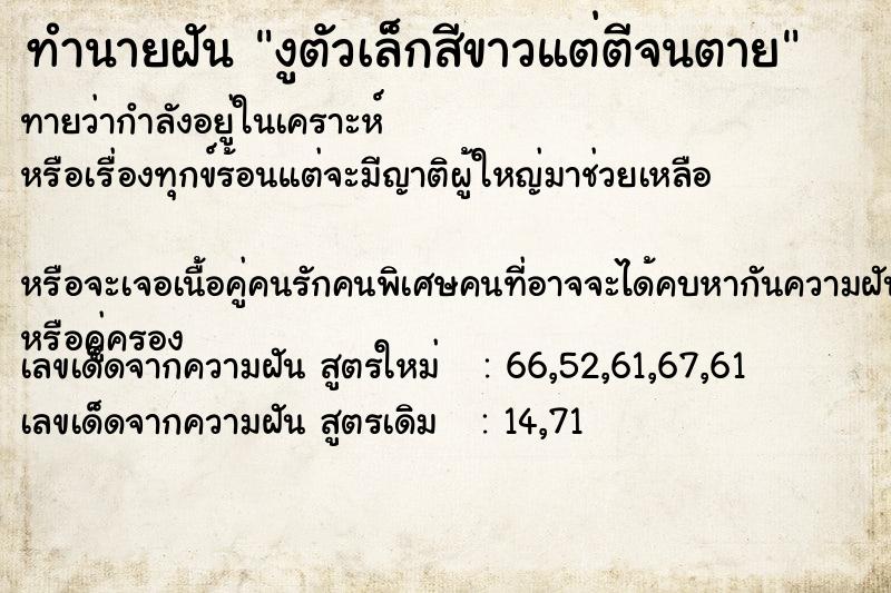 ทำนายฝันงูตัวเล็กสีขาวแต่ตีจนตาย ทำนายฝันทำนายฝันงูตัวเล็กสีขาวแต่ตีจนตาย