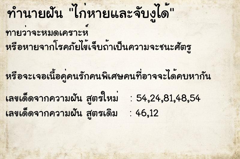 ทำนายฝันทำนายฝันไก่หายและจับงูได้