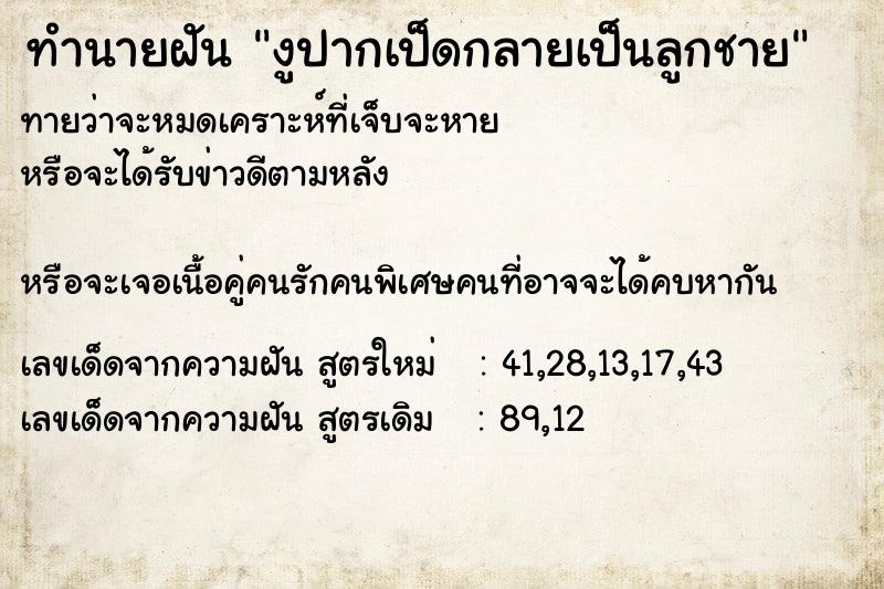 ทำนายฝันงูปากเป็ดกลายเป็นลูกชาย ทำนายฝันทำนายฝันงูปากเป็ดกลายเป็นลูกชาย