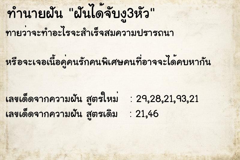 ทำนายฝันฝันได้จับงู3หัว ทำนายฝันทำนายฝันฝันได้จับงู3หัว