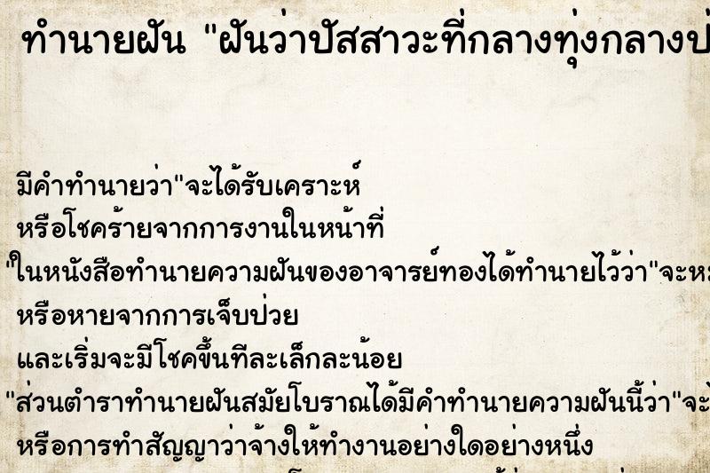 ทำนายฝันฝันว่าปัสสาวะที่กลางทุ่งกลางป่า ทำนายฝันทำนายฝันฝันว่าปัสสาวะที่กลางทุ่งกลางป่า