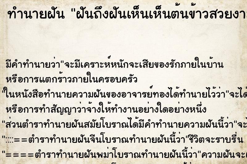 ทำนายฝัน ฝันถึงฝันเห็นเห็นต้นข้าวสวยงาม ทำนายฝัน ฝันถึงฝันเห็นเห็นต้นข้าวสวยงาม