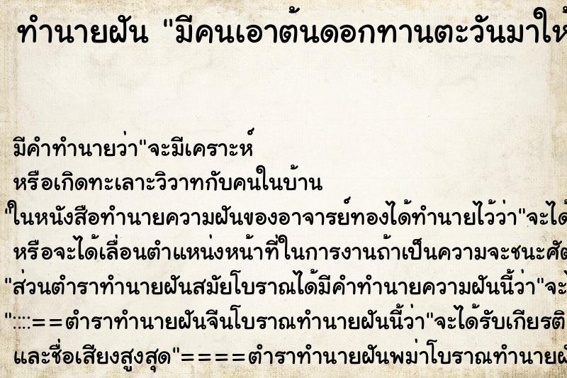 ทำนายฝันมีคนเอาต้นดอกทานตะวันมาให้ปลูก ทำนายฝันทำนายฝันมีคนเอาต้นดอกทานตะวันมาให้ปลูก
