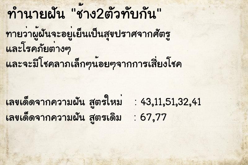 ทำนายฝันช้าง2ตัวทับกัน ทำนายฝันทำนายฝันช้าง2ตัวทับกัน