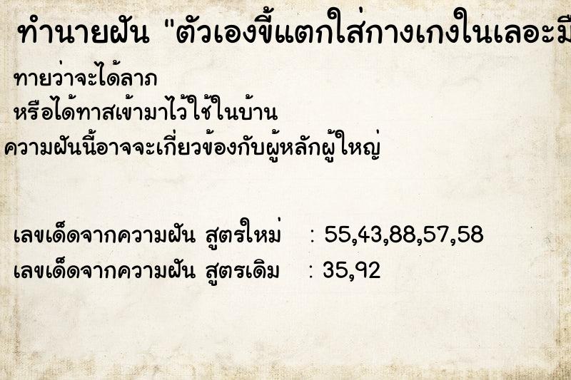 ทำนายฝัน ตัวเองขี้แตกใส่กางเกงในเลอะมือเลอะพื้นไปหมด ทำนายฝัน ตัวเองขี้แตกใส่กางเกงในเลอะมือเลอะพื้นไปหมด