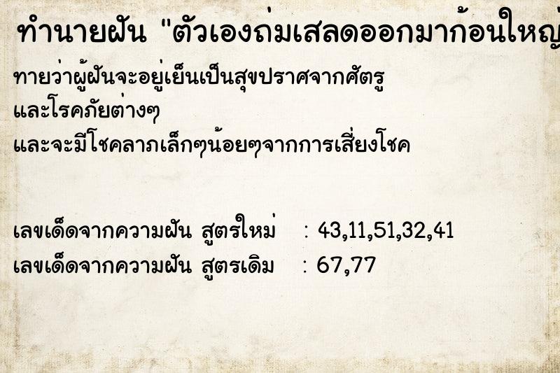 ทำนายฝันตัวเองถ่มเสลดออกมาก้อนใหญ่ ทำนายฝันทำนายฝันตัวเองถ่มเสลดออกมาก้อนใหญ่