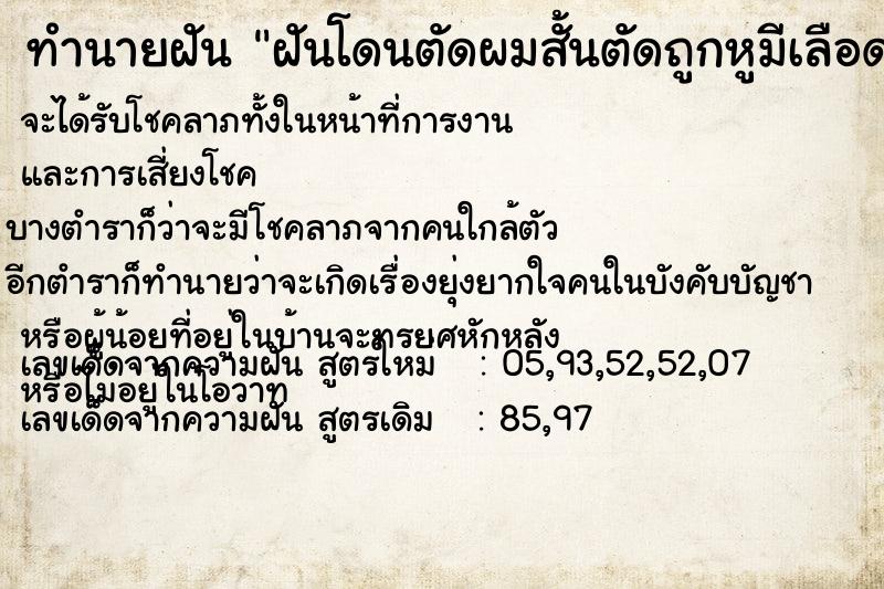 ทำนายฝัน ฝันโดนตัดผมสั้นตัดถูกหูมีเลือดออก ทำนายฝัน ฝันโดนตัดผมสั้นตัดถูกหูมีเลือดออก