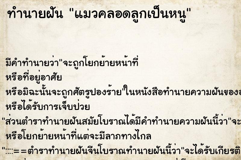 ทำนายฝัน แมวคลอดลูกเป็นหนู ทำนายฝัน แมวคลอดลูกเป็นหนู
