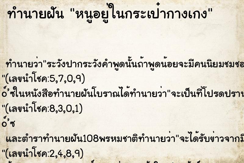 ทำนายฝันทำนายฝันหนูอยู่ในกระเป๋ากางเกง