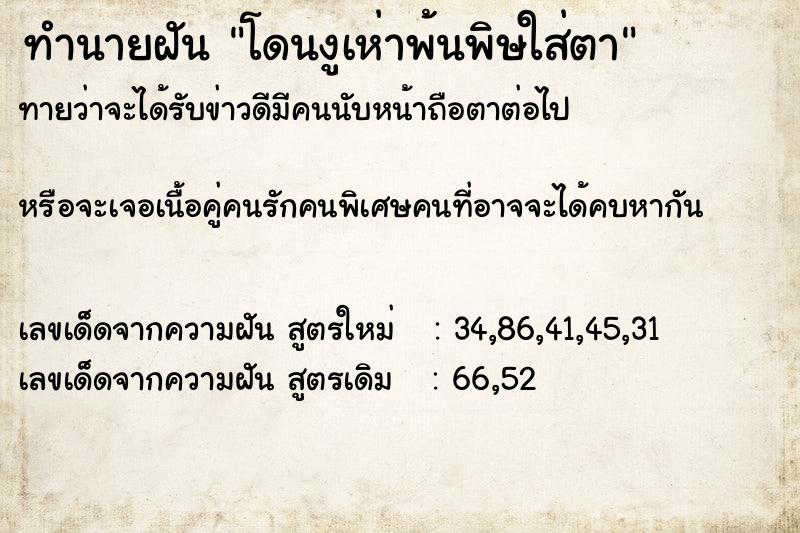 ทำนายฝัน โดนงูเห่าพ้นพิษใส่ตา ทำนายฝัน โดนงูเห่าพ้นพิษใส่ตา