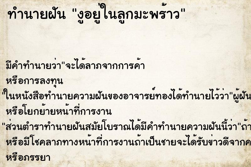 ทำนายฝัน งูอยู่ในลูกมะพร้าว ทำนายฝัน งูอยู่ในลูกมะพร้าว