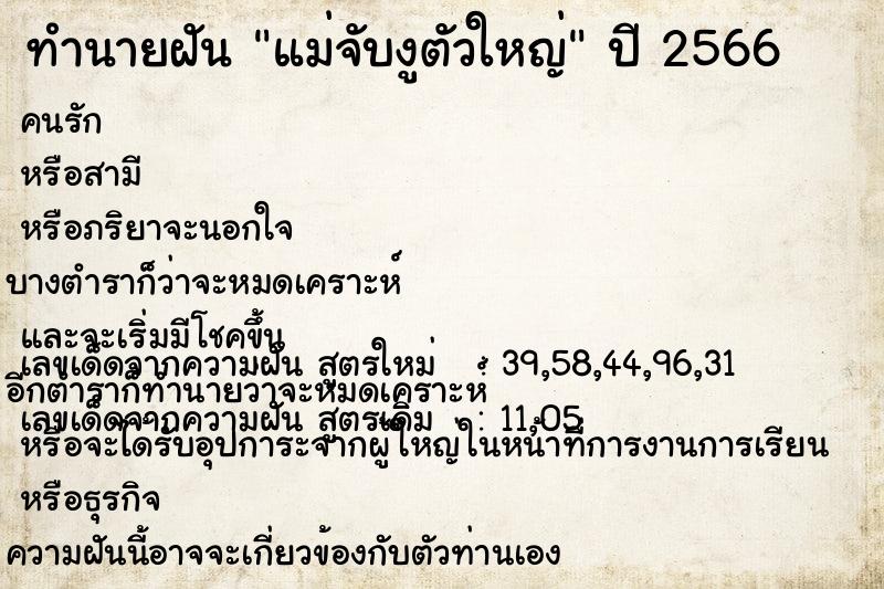 ทำนายฝัน แม่จับงูตัวใหญ่ ตำราโบราณ แม่นที่สุดในโลก