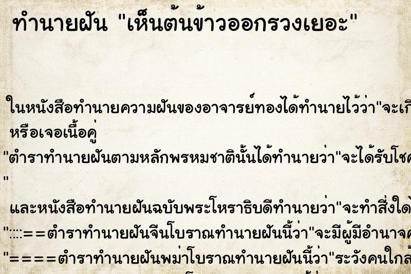 ทำนายฝันทำนายฝันเห็นต้นข้าวออกรวงเยอะ