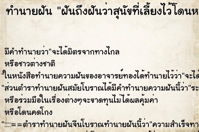 ทำนายฝันฝันถึงฝันว่าสุนัขที่เลี้ยงไว้โดนหมากัด ทำนายฝันทำนายฝันฝันถึงฝันว่าสุนัขที่เลี้ยงไว้โดนหมากัด