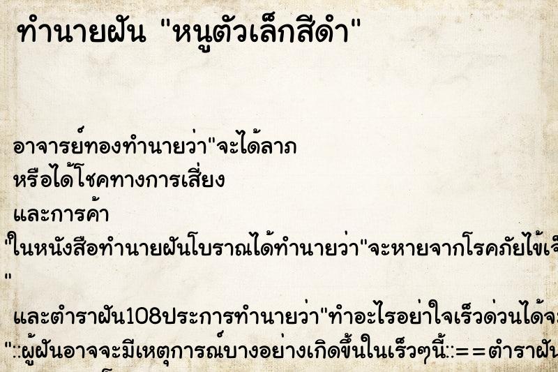 ทำนายฝัน หนูตัวเล็กสีดำ ทำนายฝัน หนูตัวเล็กสีดำ