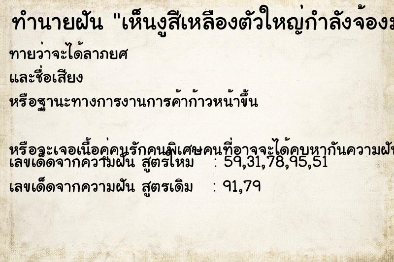 ทำนายฝันทำนายฝันเห็นงูสีเหลืองตัวใหญ่กำลังจ้องมองเรา