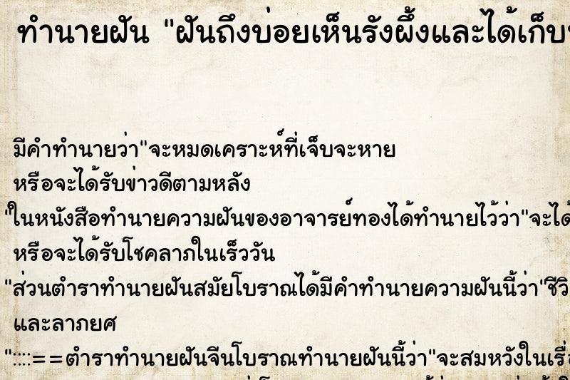 ทำนายฝันทำนายฝันฝันถึงบ่อยเห็นรังผึ้งและได้เก็บน้ำผึ้ง