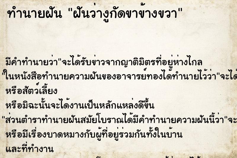 ทำนายฝัน ฝันว่างูกัดขาข้างขวา ทำนายฝัน ฝันว่างูกัดขาข้างขวา
