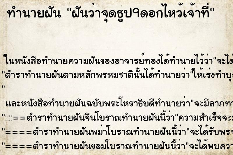 ทำนายฝัน ฝันว่าจุดธูป9ดอกไหว้เจ้าที่ ทำนายฝัน ฝันว่าจุดธูป9ดอกไหว้เจ้าที่