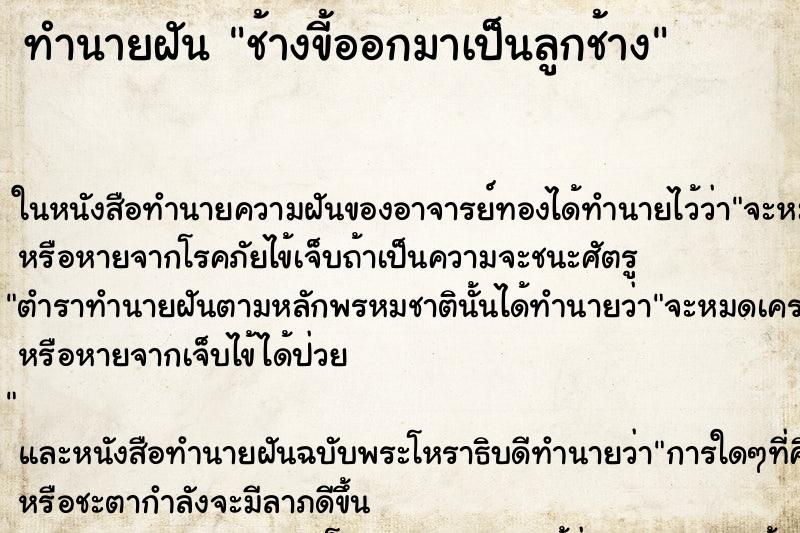 ทำนายฝันทำนายฝันช้างขี้ออกมาเป็นลูกช้าง